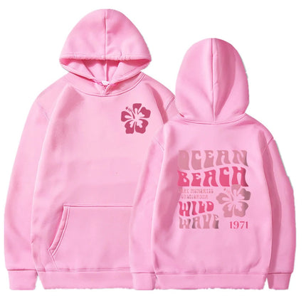 Ocean Beach Wild Wave Printed Y2K Hoodies Women Fashion Aesthetic Pink Floral Streetwear Autumn Long Sleeve Hip Hop Sweatshirt