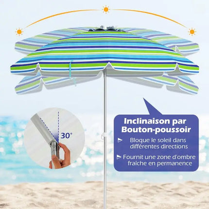 Ombrellone da Spiaggia Portatile 198cm con Protezione UV, Rivestimento Argentato, Perno Inclinabile, Ancoraggio per Sabbia, Palo in Alluminio, Pieghevole, Parasole da Giardino per Esterni