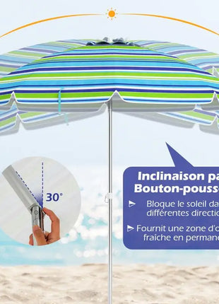 Ombrellone da Spiaggia Portatile 198cm con Protezione UV, Rivestimento Argentato, Perno Inclinabile, Ancoraggio per Sabbia, Palo in Alluminio, Pieghevole, Parasole da Giardino per Esterni