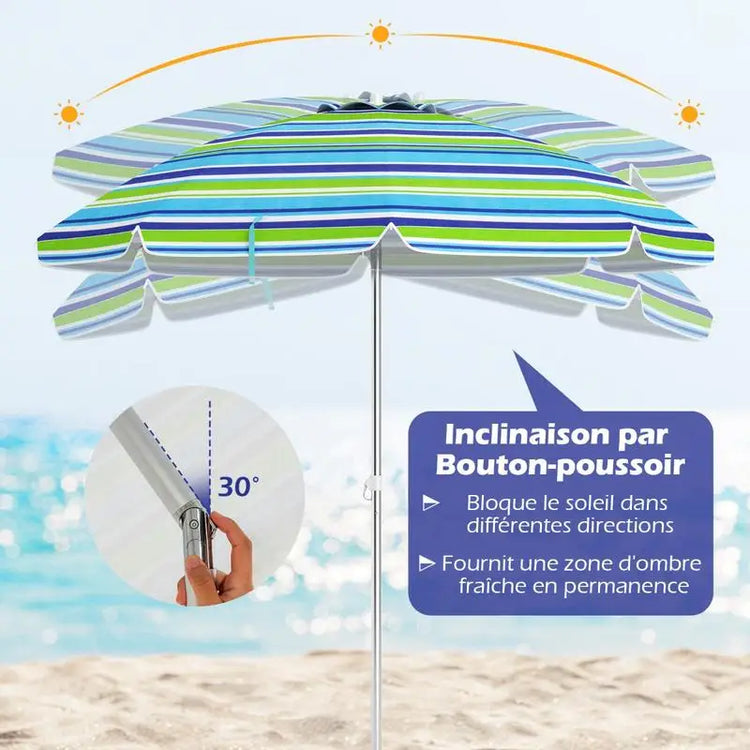 Ombrellone da Spiaggia Portatile 198cm con Protezione UV, Rivestimento Argentato, Perno Inclinabile, Ancoraggio per Sabbia, Palo in Alluminio, Pieghevole, Parasole da Giardino per Esterni