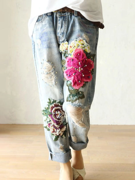 Fashionable Women's Jeans 2026, Casual Summer Denim Pants with Floral Embroidery, Elegant New Loose Harem Trousers for Ladies