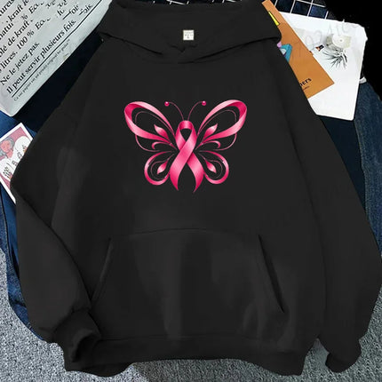 Pink Ribbon Butterfly Halloween Design Hoodies Breast Cancer Awareness Graphic Hooded Sweatshirts Long Sleeve Tracksuits Gifts