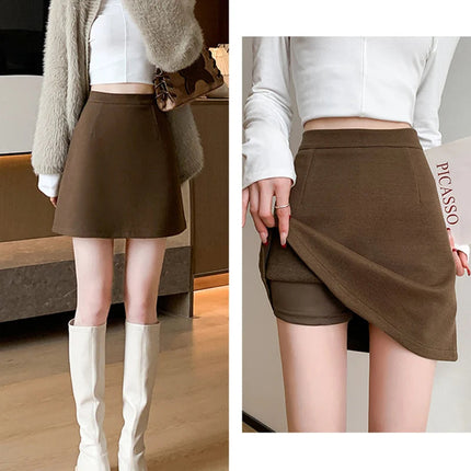 Autumn Winter Anti-Exposure Woolen Mini Skirt Women Korean College Style Short Skirts New Thicken Warm High Waist A-Line Skirt PlatiNum