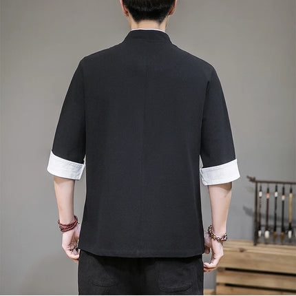 Camicie con ricamo gru Abbigliamento tradizionale cinese vintage Mezza manica da uomo in lino Solido colletto Madarin Cardigan Hanfu Kungfu