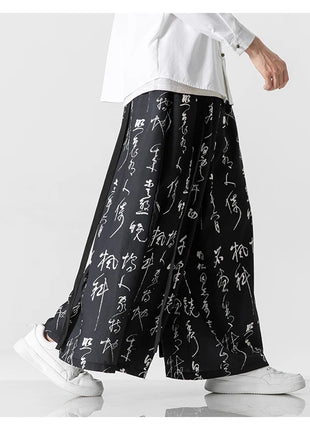 Pantaloni a gamba larga da uomo Ukiyo-e Stampa Pantaloni larghi in vita elastica Uomo Streetwear Giappone Samurai Pantaloni casual Pantaloni lunghi vintage