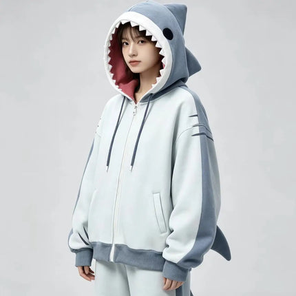 Japanese Niche Anime Three-Dimensional Shark Shape Hooded Sweater For Women With Bow Loose Casual Zipper Hooded Sweatshirt