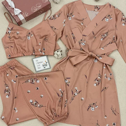 Pigiama in raso di seta sintetica Set da donna con cinturino superiore pantaloni da notte con stampa floreale pigiama autunnale abbigliamento da casa indumenti da notte abito da notte S-XXL