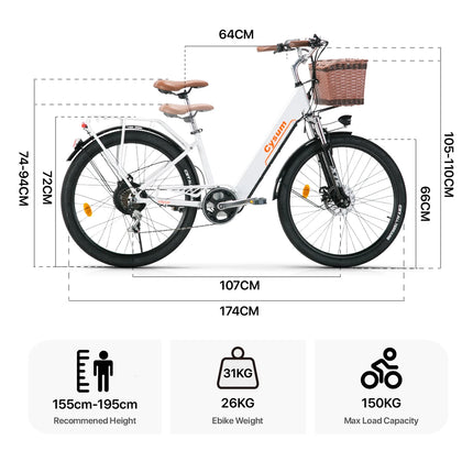 Bicicletta Elettrica Cityrun per Adulti, 26 Pollici, Unisex, Motore 250W, Batteria 36V/10Ah, Velocità Massima 25 km/h, Pedalata Assistita, Autonomia 70-90 km.