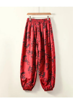 Men's Lantern Trousers Chinese Style Retro Red Dragon Casual Comfortable Harun Pants Men's Fashion Loose Wide Leg Streetwear