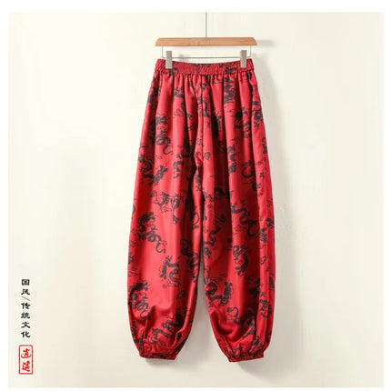 Pantaloni Lanterna da Uomo Stile Cinese Retrò Drago Rosso Casual Comodi Pantaloni Harun Moda Maschile Larghi a Gamba Larga Streetwear