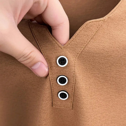 New Men's Casual and Fashionable Three Button V-neck Solid Color Short Sleeved T-shirt Summer Versatile Top PlatiNum