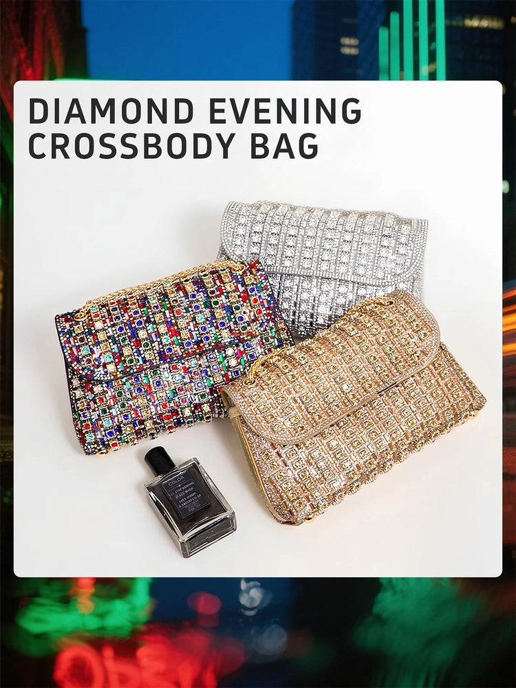 Fashionable Retro Diamond Studded Gold Chain Women's Crossbody Bag Handbag Dinner Bag Underarm Bag Single Shoulder Bag PlatiNum