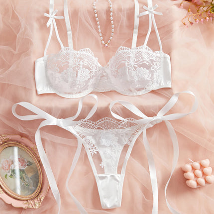 Lady Floral Embroidery Lingerie Set Women Sheer Bra and Brief Underwear Set Satin Sexy Intimates Underwear