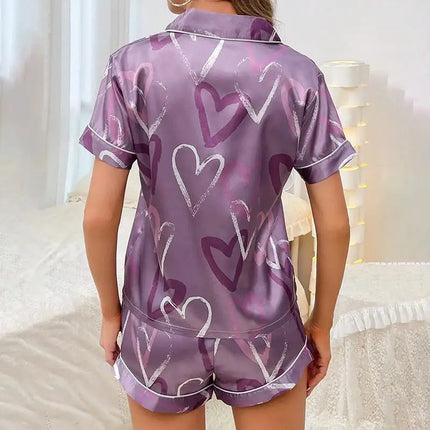 Pigiama da donna Pj Set Pigiama in raso con stampa a cuore Casual Manica corta Colletto con risvolto Top e pantaloni Indumenti da notte e pigiama per adulti platinumshop
