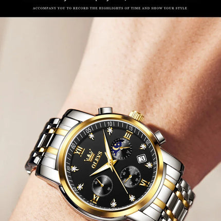 OLEVS 2858 Orologio da Uomo in Acciaio Inossidabile, Impermeabile, Antigraffio, con Fasi Lunari, Luminoso, Cronografo, Orologio da Polso al Quarzo di Lusso platinumshop