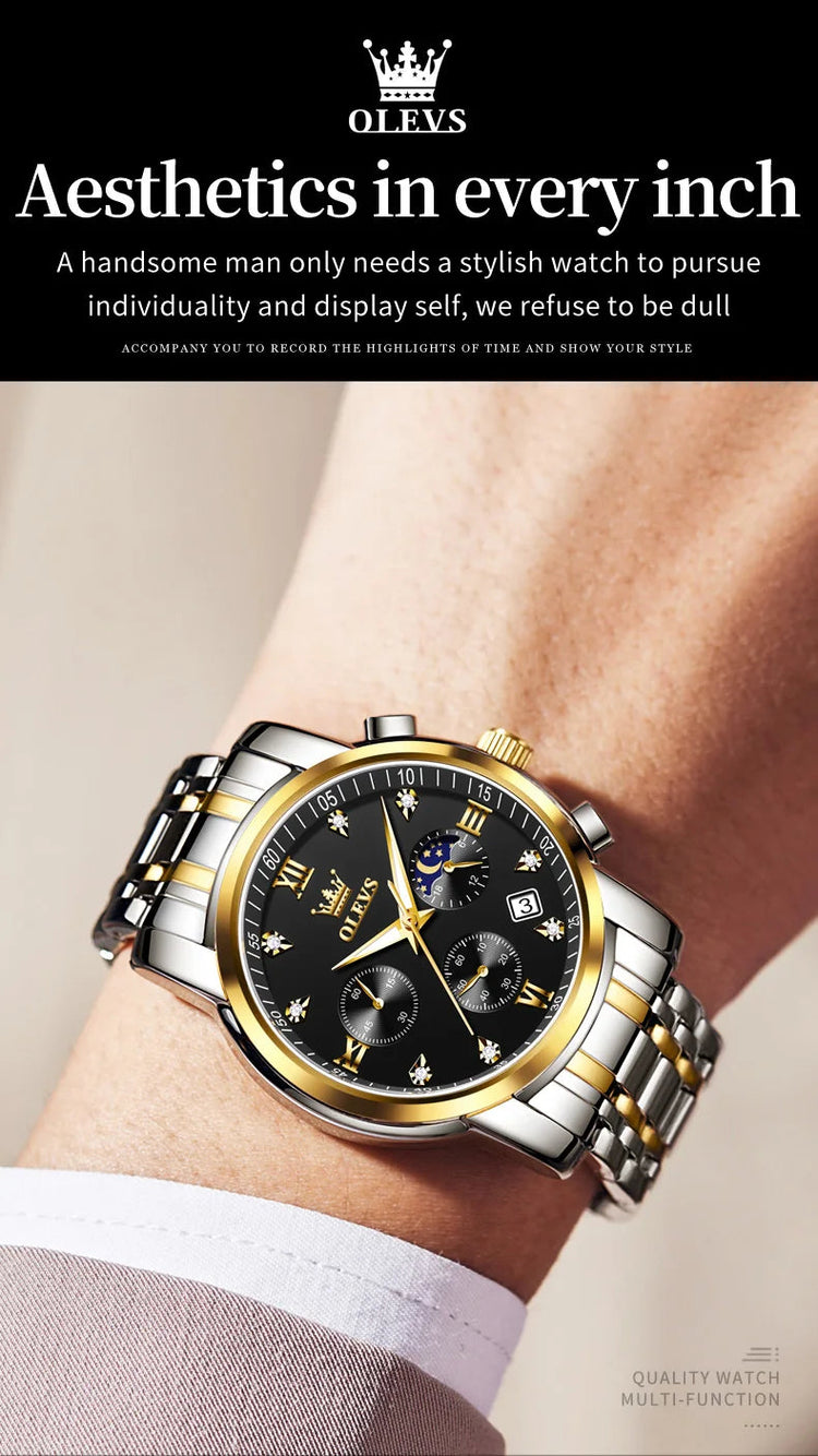OLEVS 2858 Orologio da Uomo in Acciaio Inossidabile, Impermeabile, Antigraffio, con Fasi Lunari, Luminoso, Cronografo, Orologio da Polso al Quarzo di Lusso platinumshop