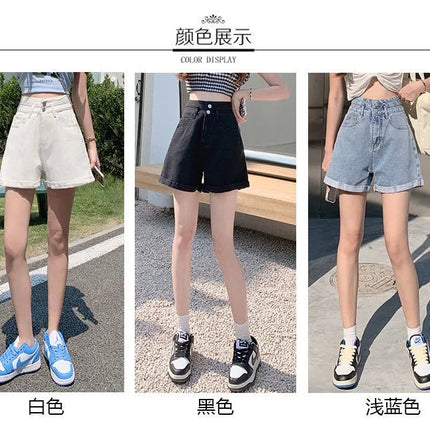 Women's summer thin denim shorts with loose fit high waist slimming effect wide legs and rolled edge hot pants for outerwear PlatiNum