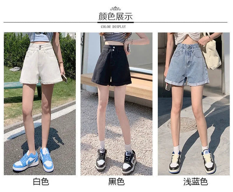 Women's summer thin denim shorts with loose fit high waist slimming effect wide legs and rolled edge hot pants for outerwear PlatiNum