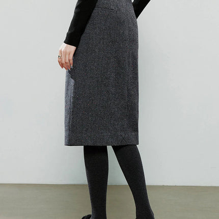TOYOUTH Women Midi Skirts 2025 Winter NewAsymmetric Dark Gray Speckled Wool Blend Office Pencil Midi Skirt PlatiNum