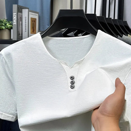2025 New Men's Business Casual Three Button V-neck Short Sleeved T-shirt Korean Style Summer Comfortable Versatile Top PlatiNum