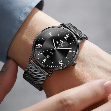 OLEVS 5623 Orologio al quarzo da uomo con quadrante minimalista con numeri romani, cinturino in maglia milanese, lancette luminose, datario, resistente all'acqua fino a 30 m platinumshop