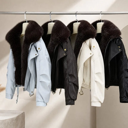 New Parkas Women Leather Jacket Big Fur Collar Tooling Cotton Jacket 2026 Winter Thicke Warm Cotton Padded Coat Female Outerwear