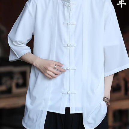 Camicia cinese da uomo in seta di ghiaccio stile cinese comoda camicia retrò traspirante da uomo casual estiva vestibilità ampia moda tinta unita