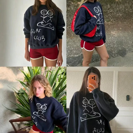 Navy Blue Cartoon Stick Figure Print Crew Neck Sweatshirt Women Loose Long Sleeve Vintage Streetwear Casual Pullover Tops Women