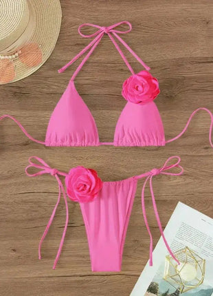 Bikini Sexy con Fiori 3D e Lacci Sulla Schiena, Costume da Bagno Femminile Due Pezzi, Set Bikini, Abbigliamento da Spiaggia, Taglie S-L PlatiNum