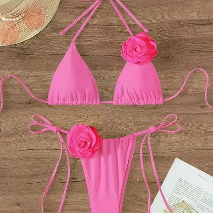 Bikini Sexy con Fiori 3D e Lacci Sulla Schiena, Costume da Bagno Femminile Due Pezzi, Set Bikini, Abbigliamento da Spiaggia, Taglie S-L PlatiNum
