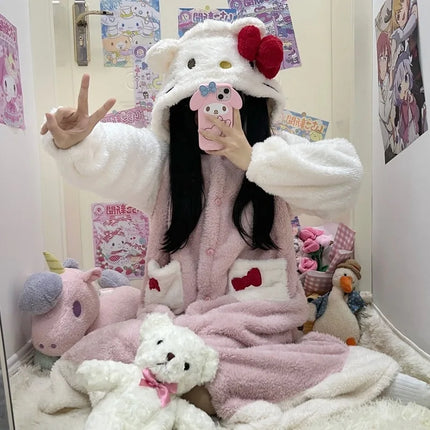 2025 Hello Kitty Pajamas Women'S Autumn And Winter Coral Velvet Thickened Bathrobe Cute Winter Nightgown Long Women'S Suit