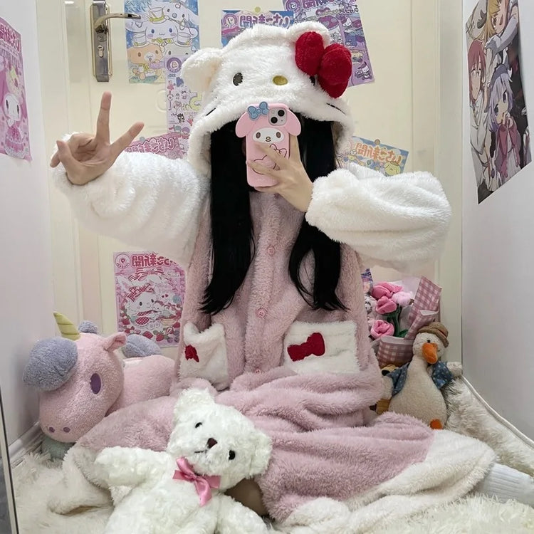 2025 Hello Kitty Pajamas Women'S Autumn And Winter Coral Velvet Thickened Bathrobe Cute Winter Nightgown Long Women'S Suit