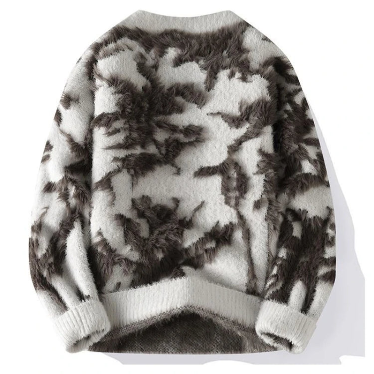 Men Jacquard Furry Sweater Long Sleeve Thick Print Faux Mink Velvet Knit Dyed Pullover O Neck High Street Warm Sweater Jumpers