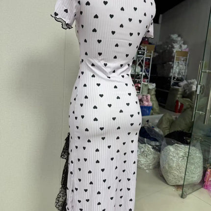 Camicia da notte sexy in maglia a costine per donna Abito da notte midi aderente con stampa a cuore con pigiama a maniche corte con spacco alto in pizzo Nuovo caldo