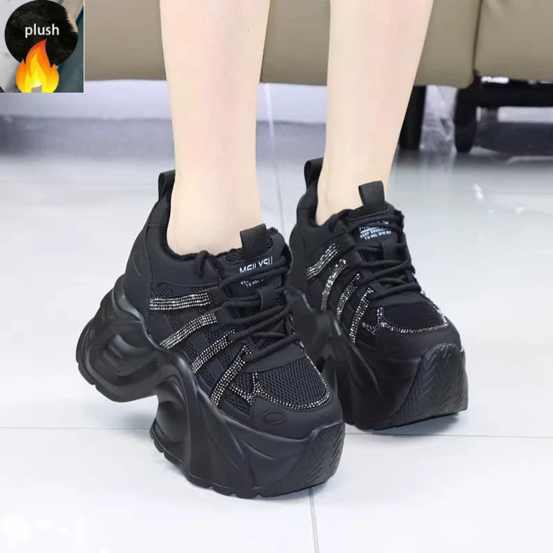 Women's 12cm Invisible Heel Winter Boots - Thick 10cm Fleece-Lined Sneakers Warm Cotton Shoes for Cold Weather Snow boots