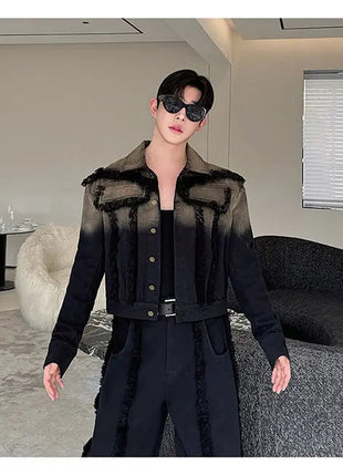 2025 New Men Denim Jacket and Jeans Set Two Piece Gradient Color Frayed Design Loose Fit High End Street Fashion Youth Trendy PlatiNum