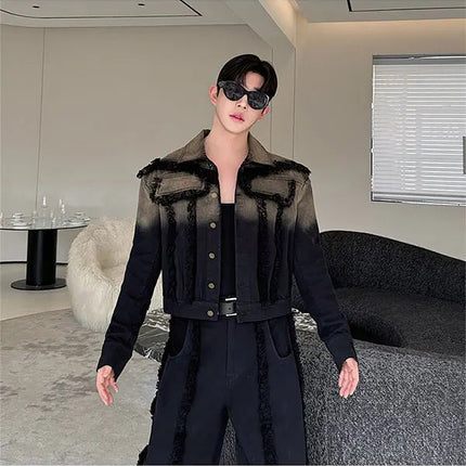 2025 New Men Denim Jacket and Jeans Set Two Piece Gradient Color Frayed Design Loose Fit High End Street Fashion Youth Trendy PlatiNum