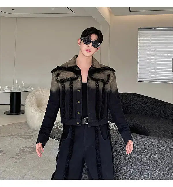 2025 New Men Denim Jacket and Jeans Set Two Piece Gradient Color Frayed Design Loose Fit High End Street Fashion Youth Trendy PlatiNum