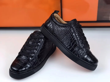 Luxury Men's Rivets Low Top Black Crocodile Pattern Leather Red Bottom Sneakers Casual Boat Shoes White Sole Fashion Footwear