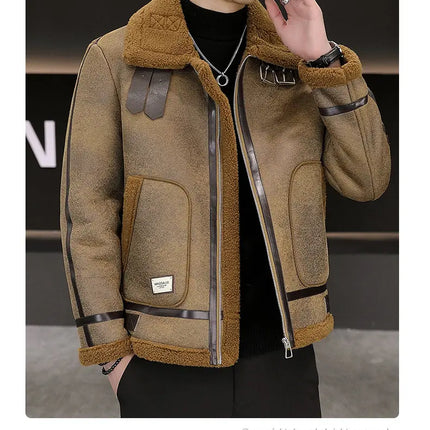 High-quality Faux Fur Leather Jackets Men Splicing Pockets Trend Casual Motorcycle Bike Jacket Winter Thick Warm Coat Streetwear