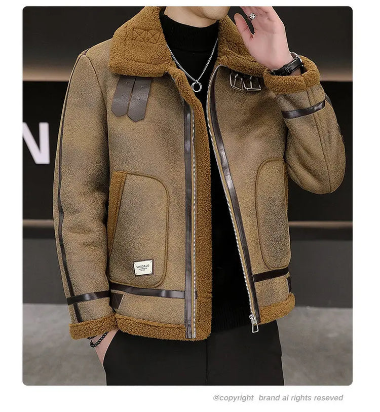 High-quality Faux Fur Leather Jackets Men Splicing Pockets Trend Casual Motorcycle Bike Jacket Winter Thick Warm Coat Streetwear