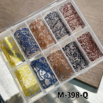 10 Rolls 2.5*50cm Sexy Lace Nail Foils Black White Transfer Paper Nail Art Stickers Stripe Lace Manicure Decals Nail Decorations
