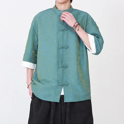Camicia da Uomo di Lusso con Sfumature Colorate, Jacquard a Maniche Corte, Stile Cinese Tradizionale, Fresca per l'Estate, in Seta Ghiaccio