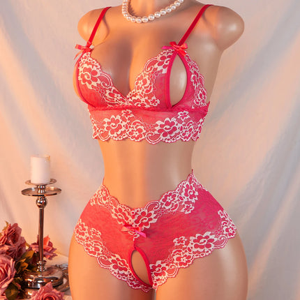 Women Sexy Contrast Color Lace Lingerie Set Hollow Bra Bowknot Sheer Mesh Panties Deep V Nightwear