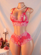 Women Sexy Contrast Color Lace Lingerie Set Hollow Bra Bowknot Sheer Mesh Panties Deep V Nightwear