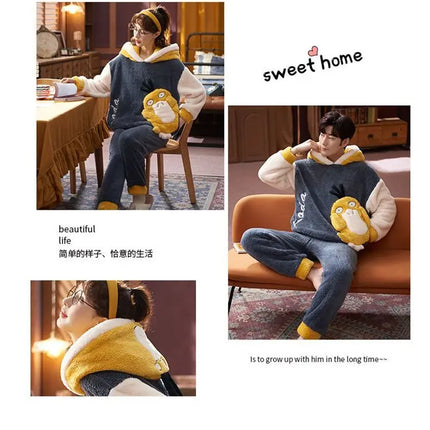Couples Pajamas Women Men Winter Thicken Pyjamas Sleepwear Cartoon Dinosaur Korean Lovers Homewear Soft Warm Hoodies Pijama