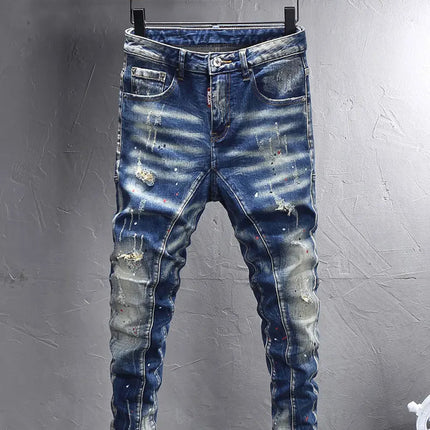 Street Designer Fashion Men Jeans Retro Blue Stretch Slim Fit Spliced Ripped Jeans Men Y2K Painted Vintage Denim Pants Hombre PlatiNum