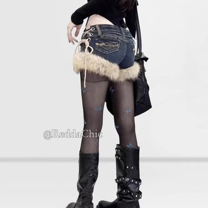 REDDACHiC Gyaru Y2k Low Rise Jean Shorts Trendy Butterfly Rivets Hollow Lace-Up Furry Cuffs Denim Shorts Retro Hot Women Bottoms PlatiNum
