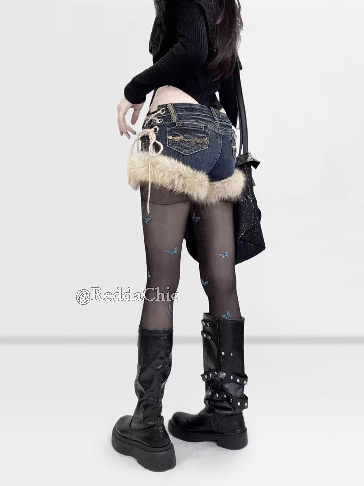 REDDACHiC Gyaru Y2k Low Rise Jean Shorts Trendy Butterfly Rivets Hollow Lace-Up Furry Cuffs Denim Shorts Retro Hot Women Bottoms PlatiNum