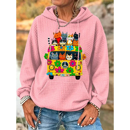 ilstile Women's Hippie Qute Cat Flower Print Hoodies Autumn Outdoor Sports Long Sleeve Casual Loose Round Neck Hooded Hoodies